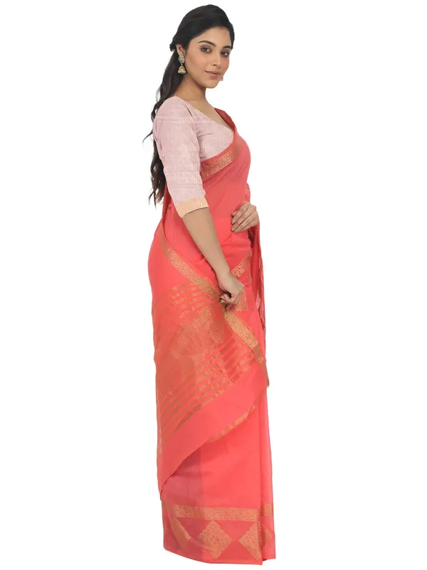 Pinkish_Peach_Polycotton_Premium_&_Elegant_(_Zari_Border_)_Tant_Saree_With_Blouse_Piece_For_Women