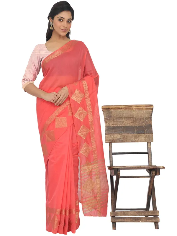 Pinkish_Peach_Polycotton_Premium_&_Elegant_(_Zari_Border_)_Tant_Saree_With_Blouse_Piece_For_Women