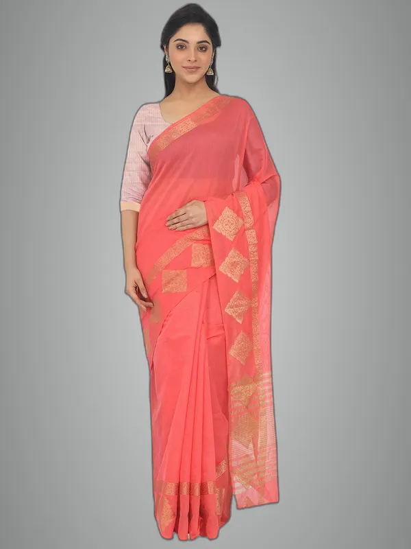 Pinkish_Peach_Polycotton_Premium_&_Elegant_(_Zari_Border_)_Tant_Saree_With_Blouse_Piece_For_Women