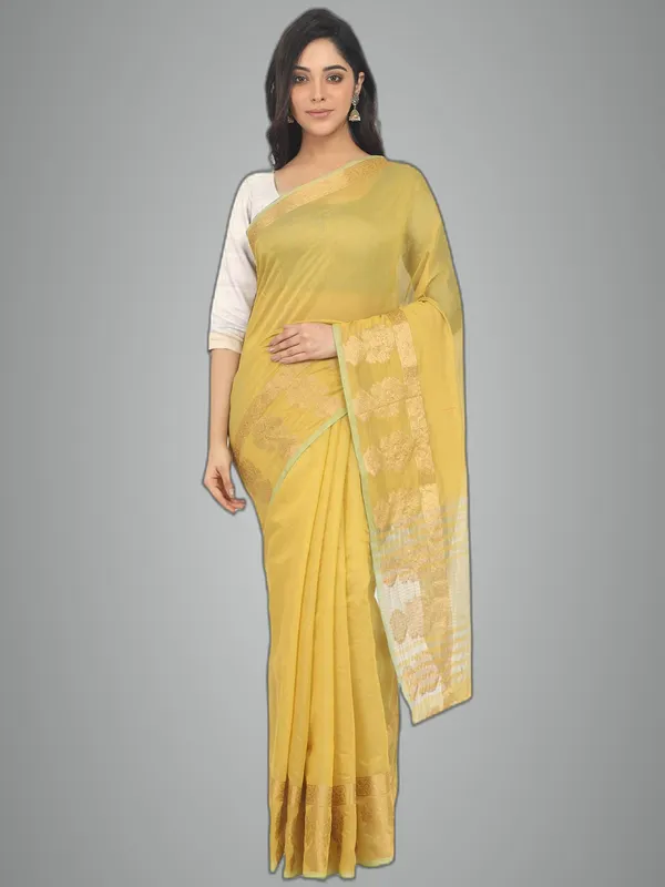 Yellow_Polycotton_Premium_&_Elegant_(_Zari_Border_)_Tant_Saree_With_Blouse_Piece_For_Women