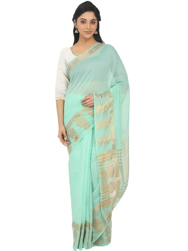 Turquoise_Polycotton_Premium_&_Elegant_(_Zari_Border_)_Tant_Saree_With_Blouse_Piece_For_Women