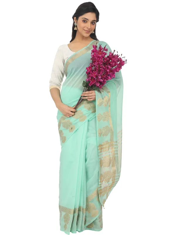 Turquoise_Polycotton_Premium_&_Elegant_(_Zari_Border_)_Tant_Saree_With_Blouse_Piece_For_Women