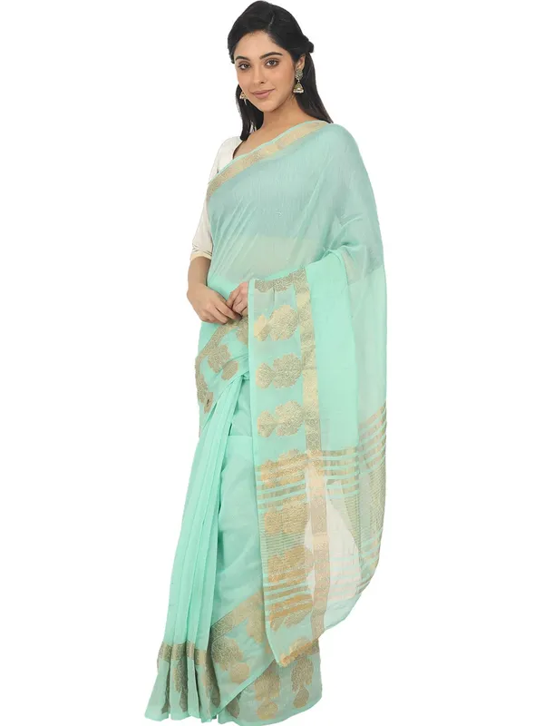 Turquoise_Polycotton_Premium_&_Elegant_(_Zari_Border_)_Tant_Saree_With_Blouse_Piece_For_Women