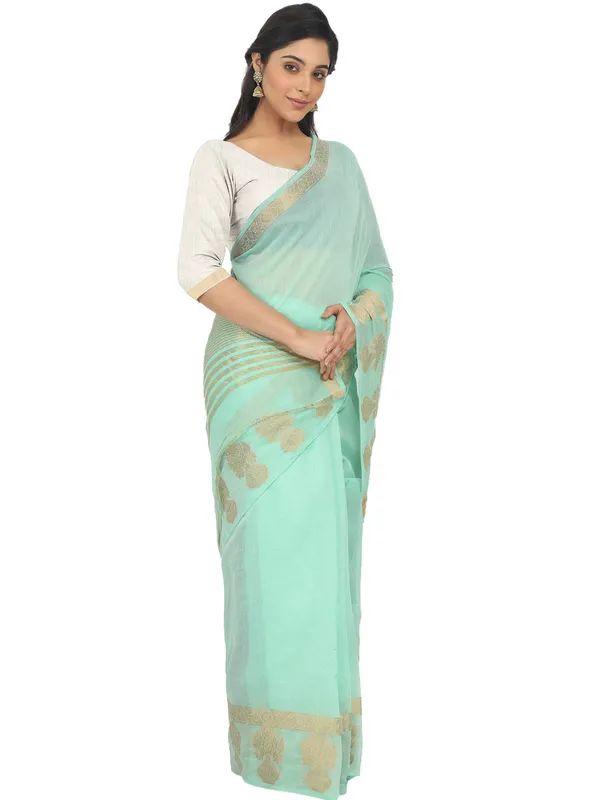 Turquoise_Polycotton_Premium_&_Elegant_(_Zari_Border_)_Tant_Saree_With_Blouse_Piece_For_Women