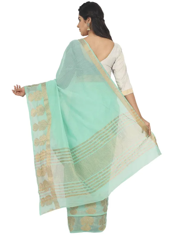 Turquoise_Polycotton_Premium_&_Elegant_(_Zari_Border_)_Tant_Saree_With_Blouse_Piece_For_Women