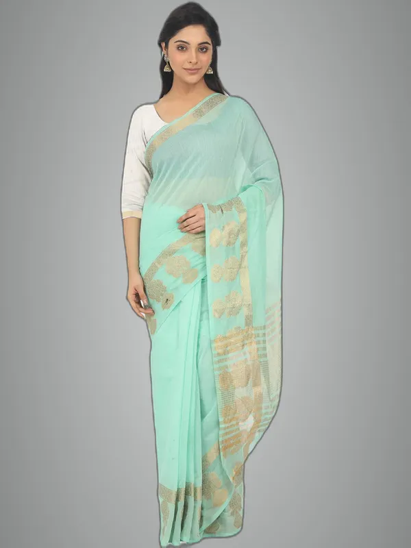 Turquoise_Polycotton_Premium_&_Elegant_(_Zari_Border_)_Tant_Saree_With_Blouse_Piece_For_Women