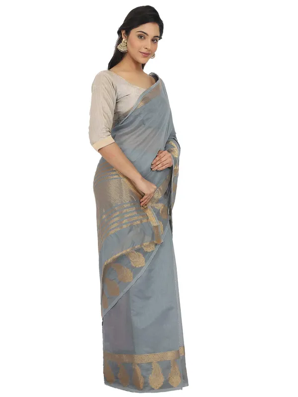 Grey_Polycotton_Premium_&_Elegant_(_Zari_Border_)_Tant_Saree_With_Blouse_Piece_For_Women