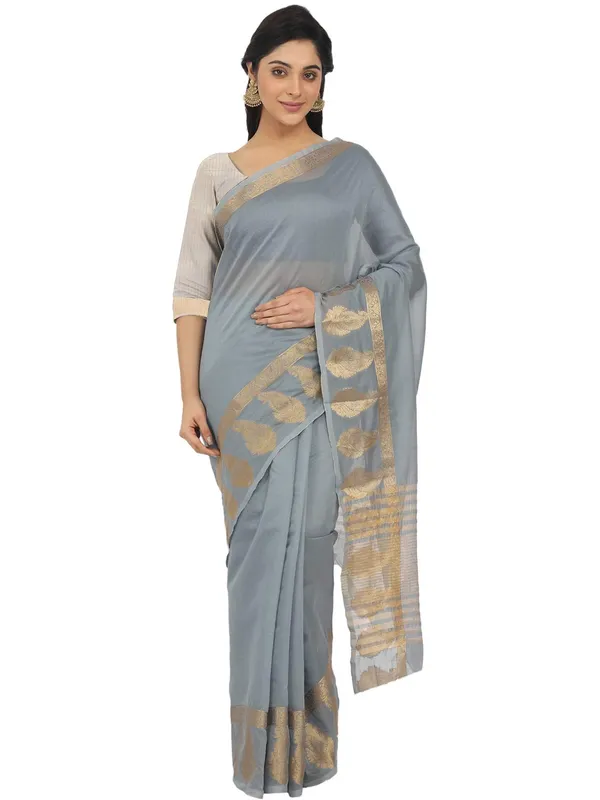 Grey_Polycotton_Premium_&_Elegant_(_Zari_Border_)_Tant_Saree_With_Blouse_Piece_For_Women