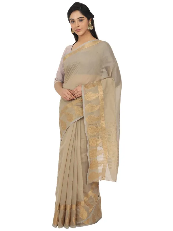 Beige_Polycotton_Premium_&_Elegant_(_Zari_Border_)_Tant_Saree_With_Blouse_Piece_For_Women