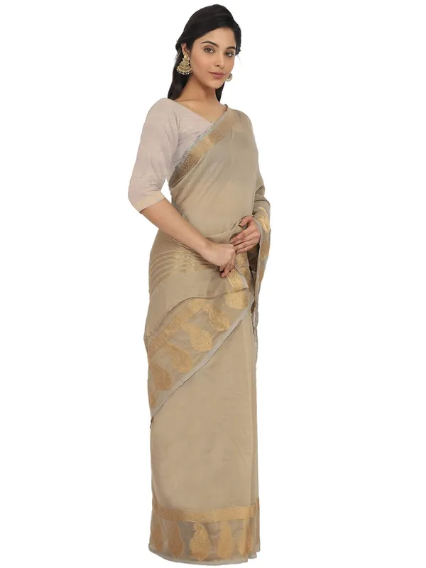 Beige_Polycotton_Premium_&_Elegant_(_Zari_Border_)_Tant_Saree_With_Blouse_Piece_For_Women