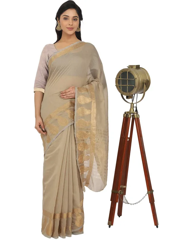 Beige_Polycotton_Premium_&_Elegant_(_Zari_Border_)_Tant_Saree_With_Blouse_Piece_For_Women