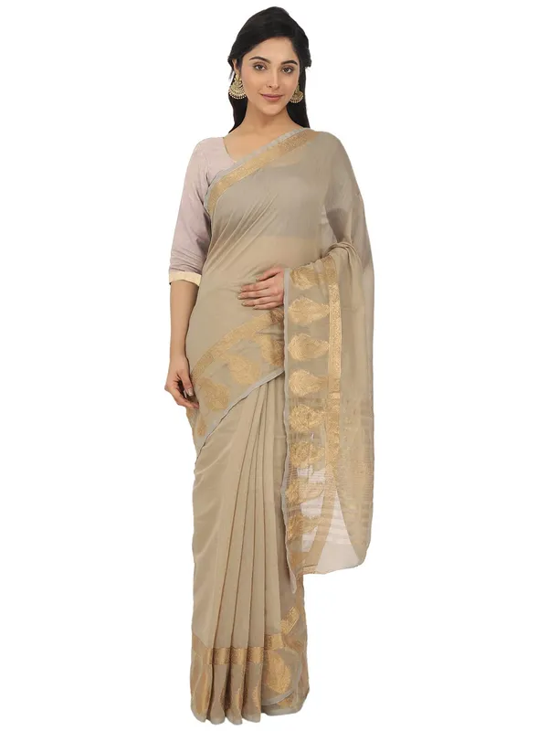 Beige_Polycotton_Premium_&_Elegant_(_Zari_Border_)_Tant_Saree_With_Blouse_Piece_For_Women