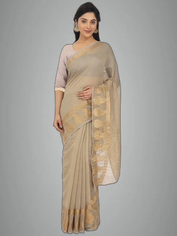 Beige_Polycotton_Premium_&_Elegant_(_Zari_Border_)_Tant_Saree_With_Blouse_Piece_For_Women