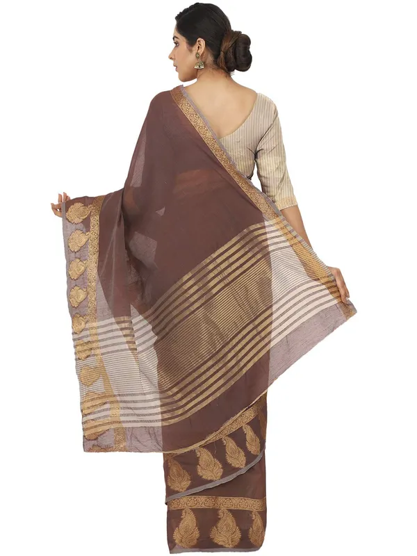 Brown_Polycotton_Premium_&_Elegant_(_Zari_Border_)_Tant_Saree_With_Blouse_Piece_For_Women