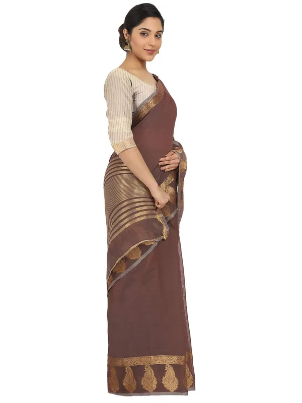 Brown_Polycotton_Premium_&_Elegant_(_Zari_Border_)_Tant_Saree_With_Blouse_Piece_For_Women