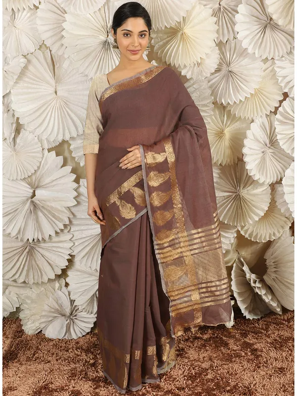 Brown_Polycotton_Premium_&_Elegant_(_Zari_Border_)_Tant_Saree_With_Blouse_Piece_For_Women