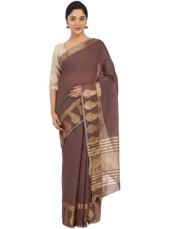 Brown_Polycotton_Premium_&_Elegant_(_Zari_Border_)_Tant_Saree_With_Blouse_Piece_For_Women
