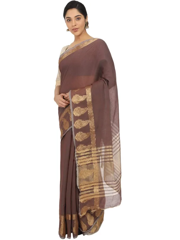 Brown_Polycotton_Premium_&_Elegant_(_Zari_Border_)_Tant_Saree_With_Blouse_Piece_For_Women
