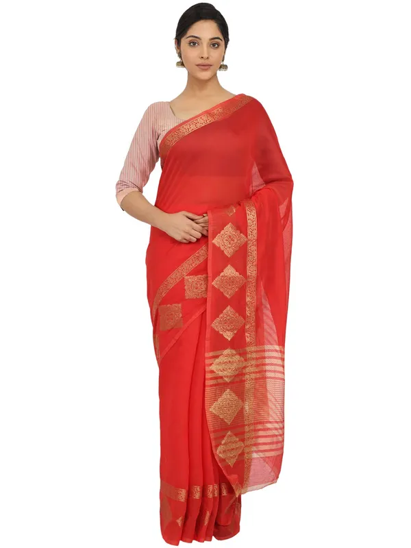 Red_Polycotton_Premium_&_Elegant_(_Zari_Border_)_Tant_Saree_With_Blouse_Piece_For_Women