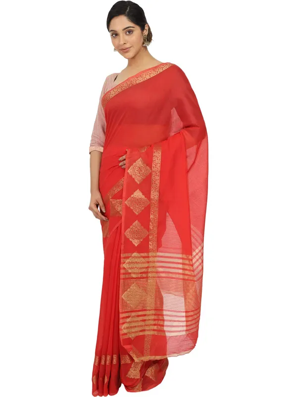 Red_Polycotton_Premium_&_Elegant_(_Zari_Border_)_Tant_Saree_With_Blouse_Piece_For_Women