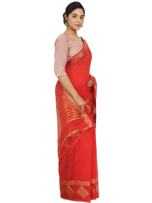 Red_Polycotton_Premium_&_Elegant_(_Zari_Border_)_Tant_Saree_With_Blouse_Piece_For_Women
