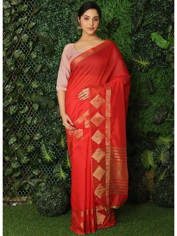 Red_Polycotton_Premium_&_Elegant_(_Zari_Border_)_Tant_Saree_With_Blouse_Piece_For_Women