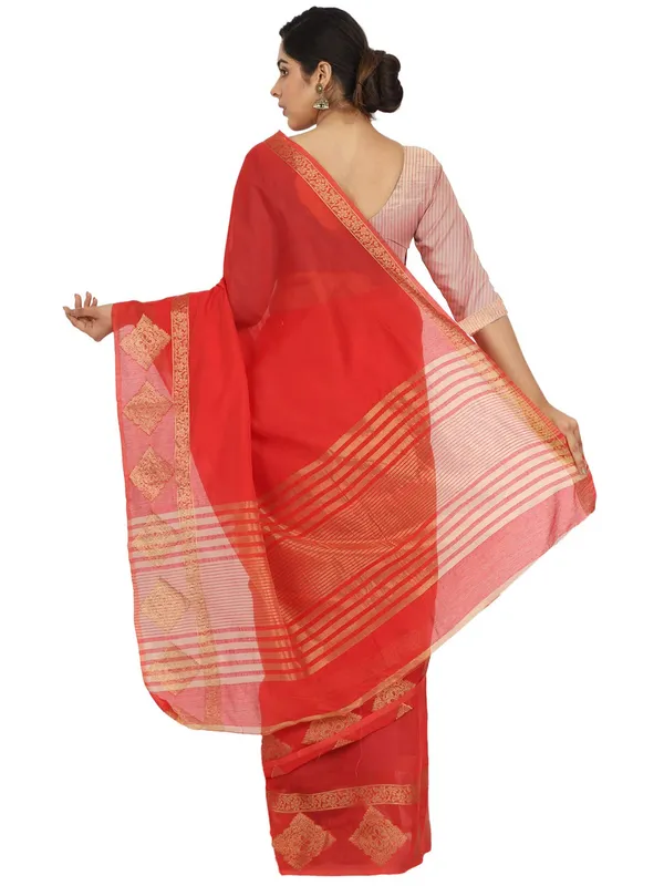 Red_Polycotton_Premium_&_Elegant_(_Zari_Border_)_Tant_Saree_With_Blouse_Piece_For_Women