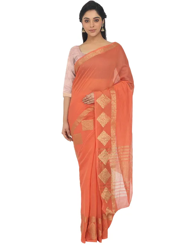 Orange_Polycotton_Premium_&_Elegant_(_Zari_Border_)_Tant_Saree_With_Blouse_Piece_For_Women