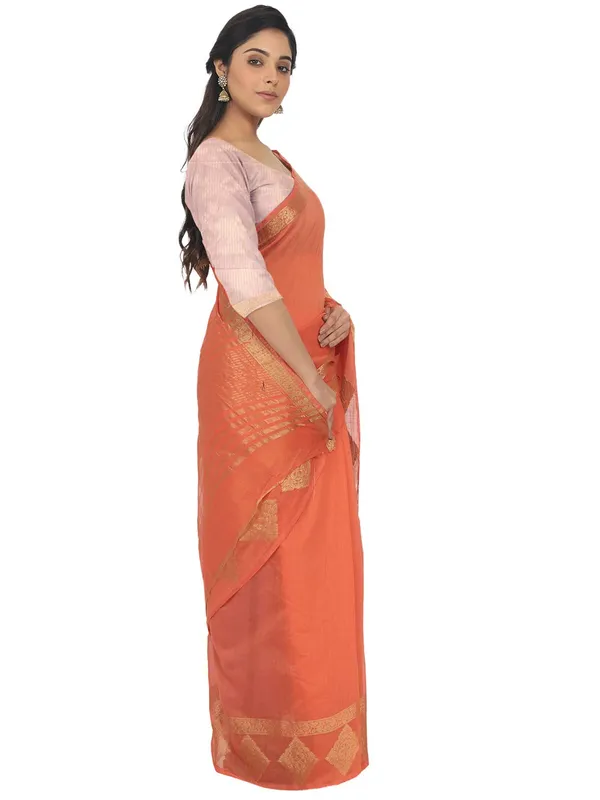 Orange_Polycotton_Premium_&_Elegant_(_Zari_Border_)_Tant_Saree_With_Blouse_Piece_For_Women