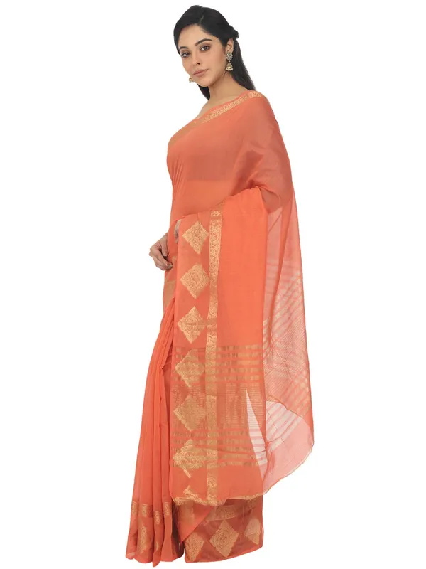 Orange_Polycotton_Premium_&_Elegant_(_Zari_Border_)_Tant_Saree_With_Blouse_Piece_For_Women