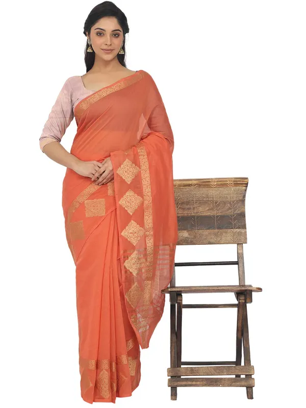 Orange_Polycotton_Premium_&_Elegant_(_Zari_Border_)_Tant_Saree_With_Blouse_Piece_For_Women