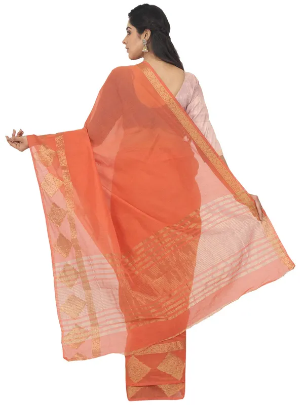 Orange_Polycotton_Premium_&_Elegant_(_Zari_Border_)_Tant_Saree_With_Blouse_Piece_For_Women
