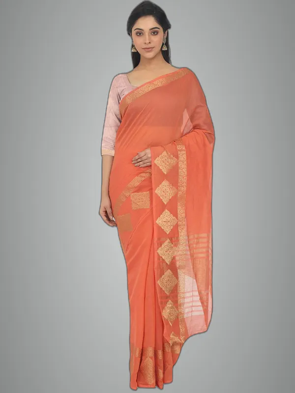 Orange_Polycotton_Premium_&_Elegant_(_Zari_Border_)_Tant_Saree_With_Blouse_Piece_For_Women