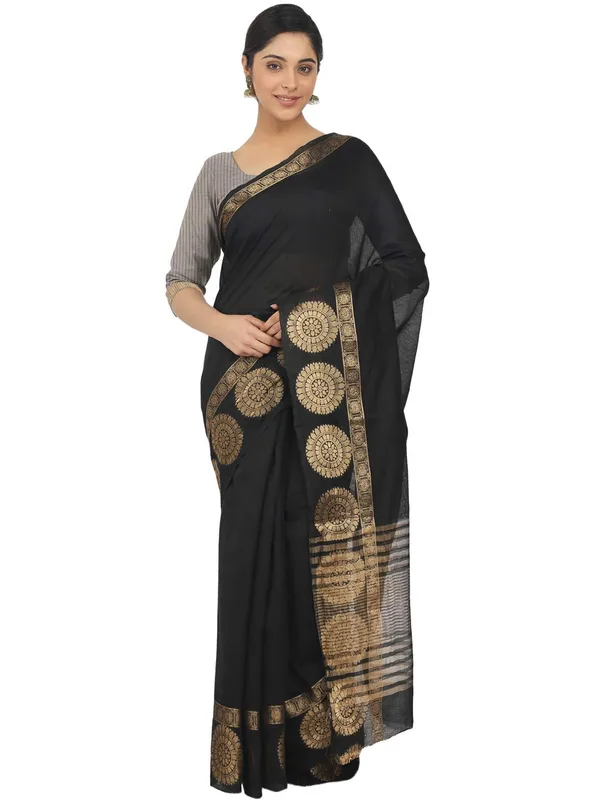 Black_Polycotton_Premium_&_Elegant_(_Zari_Border_)_Tant_Saree_With_Blouse_Piece_For_Women