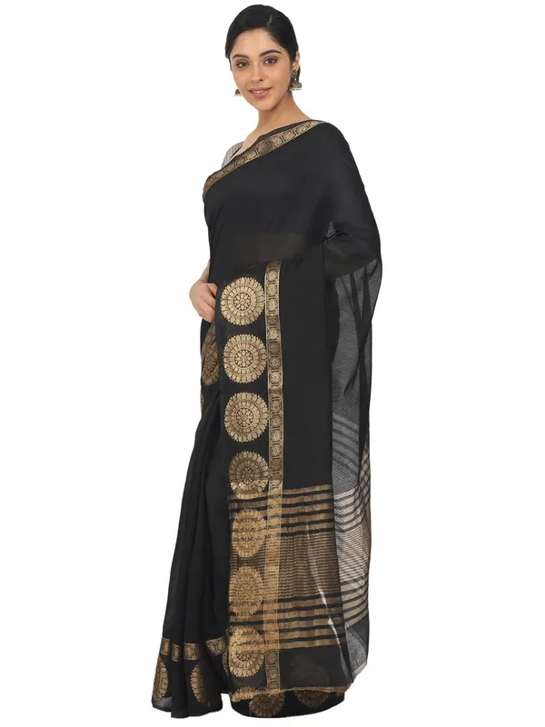 Black_Polycotton_Premium_&_Elegant_(_Zari_Border_)_Tant_Saree_With_Blouse_Piece_For_Women