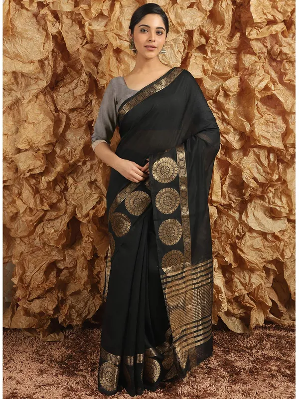 Black_Polycotton_Premium_&_Elegant_(_Zari_Border_)_Tant_Saree_With_Blouse_Piece_For_Women