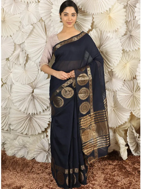 Navy_Blue_Pollycotton_Premium_&_Elegant_(_Zari_Border_)_Tant_Sare_Saree_With_Blouse_Piece_For_Women