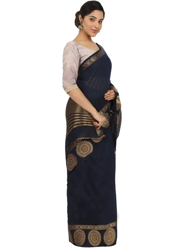 Navy_Blue_Pollycotton_Premium_&_Elegant_(_Zari_Border_)_Tant_Sare_Saree_With_Blouse_Piece_For_Women