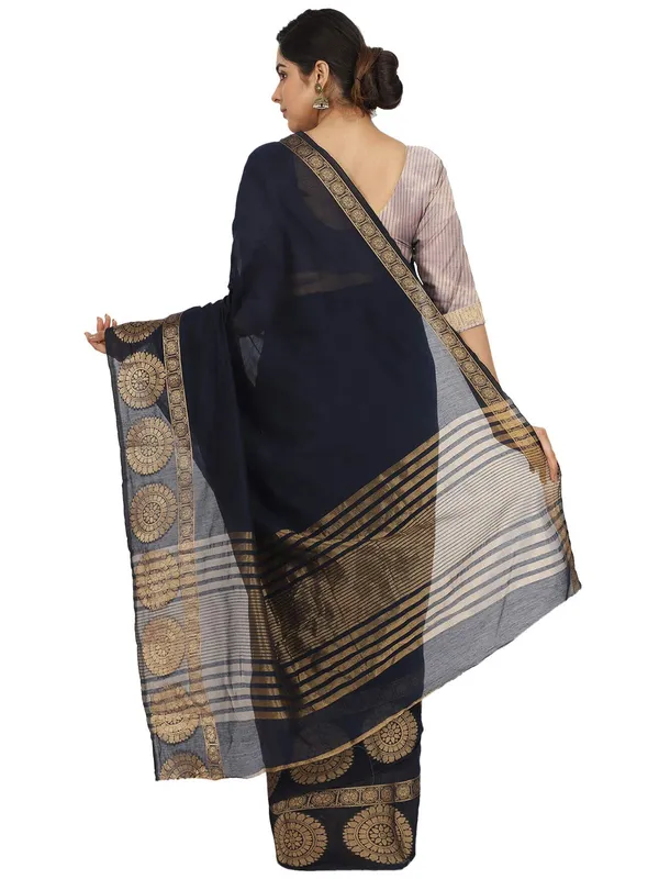 Navy_Blue_Pollycotton_Premium_&_Elegant_(_Zari_Border_)_Tant_Sare_Saree_With_Blouse_Piece_For_Women