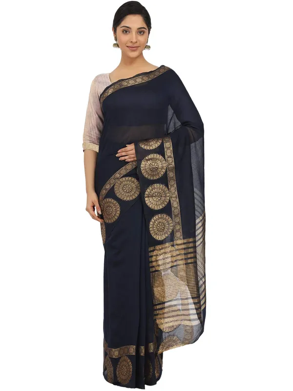 Navy_Blue_Pollycotton_Premium_&_Elegant_(_Zari_Border_)_Tant_Sare_Saree_With_Blouse_Piece_For_Women