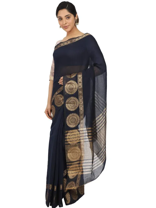 Navy_Blue_Pollycotton_Premium_&_Elegant_(_Zari_Border_)_Tant_Sare_Saree_With_Blouse_Piece_For_Women