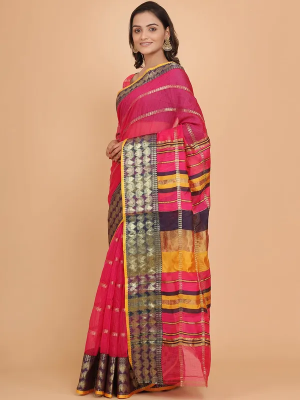 Pink_Polyester_Premium_&_Elegant_(_Zari_Checkered_)_Kota_Doria_Saree_With_Blouse_Piece_For_Women