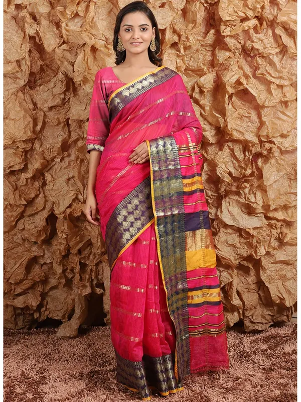 Pink_Polyester_Premium_&_Elegant_(_Zari_Checkered_)_Kota_Doria_Saree_With_Blouse_Piece_For_Women
