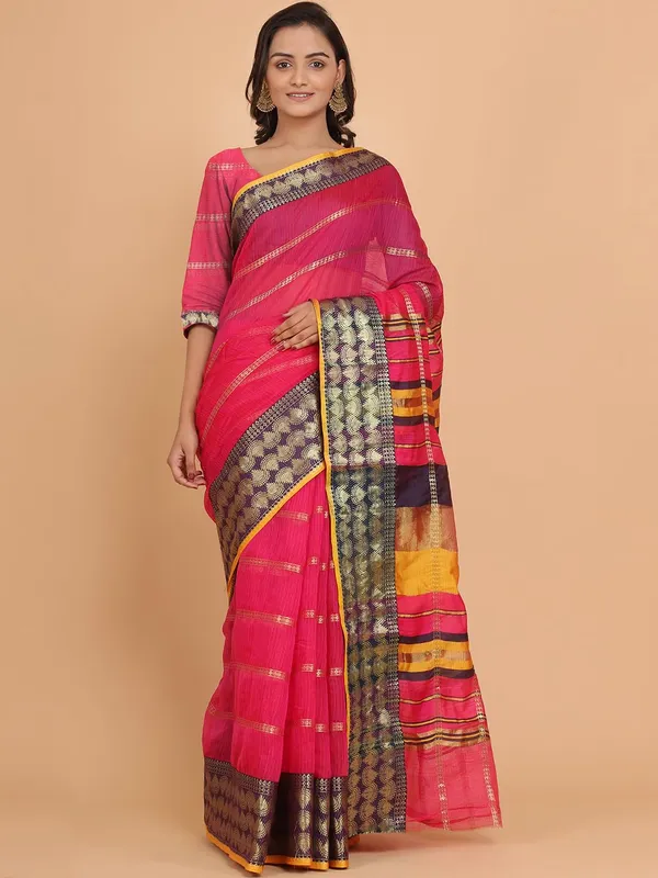 Pink_Polyester_Premium_&_Elegant_(_Zari_Checkered_)_Kota_Doria_Saree_With_Blouse_Piece_For_Women