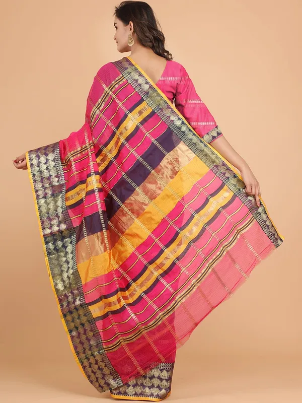 Pink_Polyester_Premium_&_Elegant_(_Zari_Checkered_)_Kota_Doria_Saree_With_Blouse_Piece_For_Women