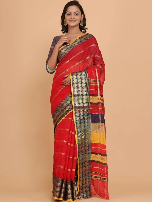 Red_Polyester_Premium_&_Elegant_(_Zari_Checkered_)_Kota_Doria_Saree_With_Blouse_Piece_For_Women
