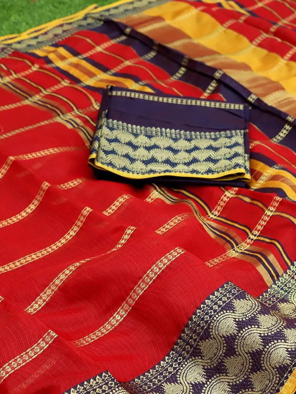 Red_Polyester_Premium_&_Elegant_(_Zari_Checkered_)_Kota_Doria_Saree_With_Blouse_Piece_For_Women