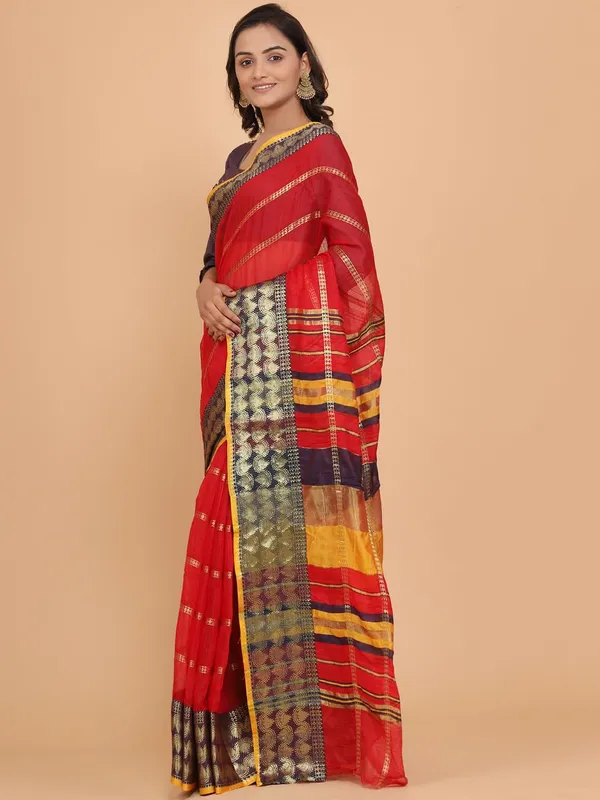 Red_Polyester_Premium_&_Elegant_(_Zari_Checkered_)_Kota_Doria_Saree_With_Blouse_Piece_For_Women