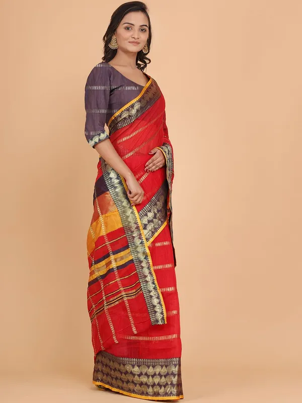 Red_Polyester_Premium_&_Elegant_(_Zari_Checkered_)_Kota_Doria_Saree_With_Blouse_Piece_For_Women