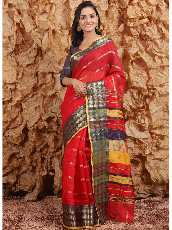 Red_Polyester_Premium_&_Elegant_(_Zari_Checkered_)_Kota_Doria_Saree_With_Blouse_Piece_For_Women